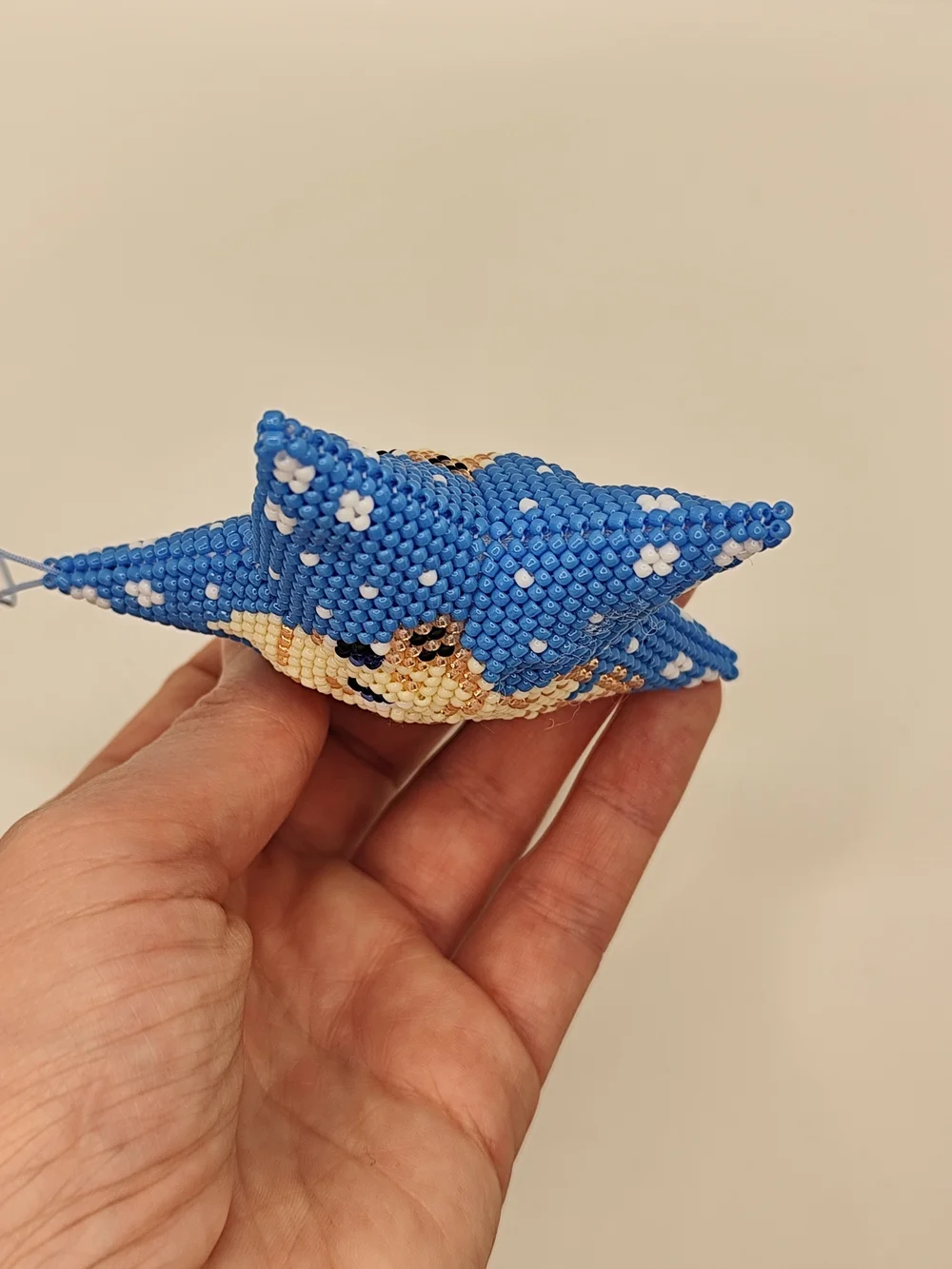 Handmade Blue Star Dog Ornament with Beaded Pig Design